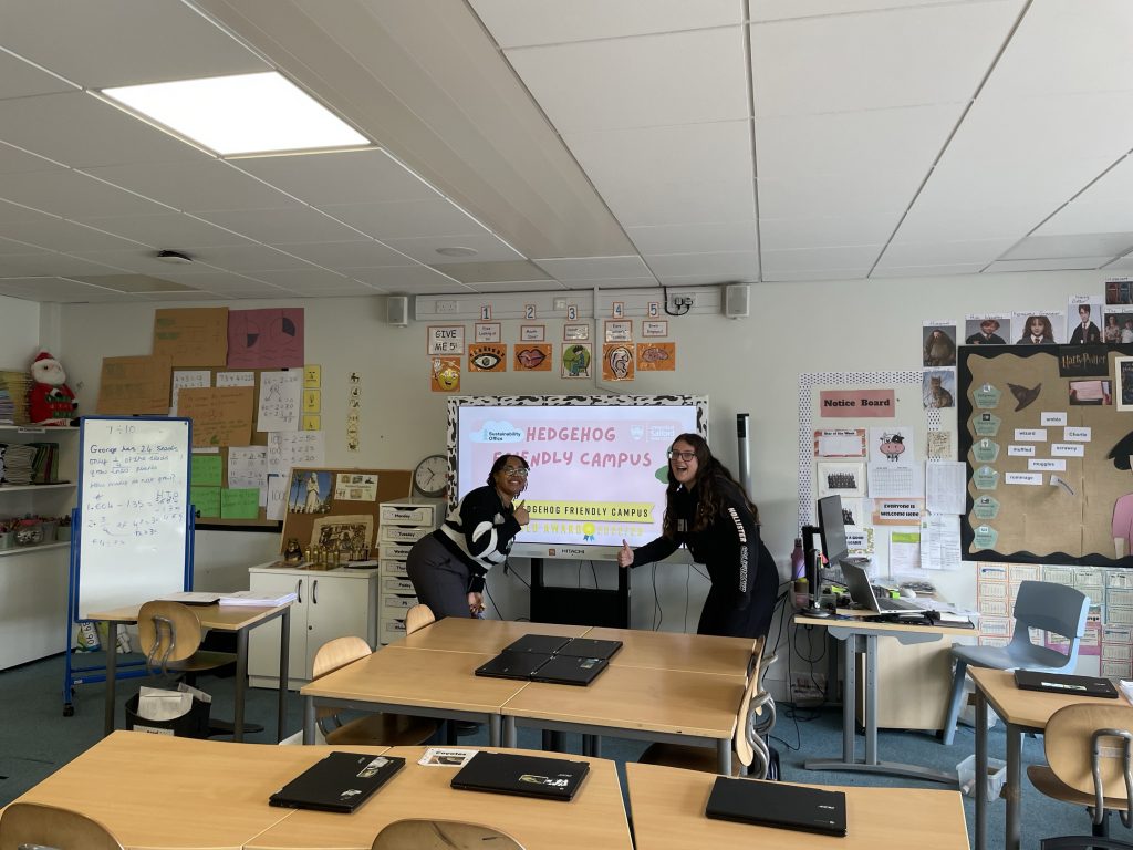 Two people in front of a classroom whiteboard