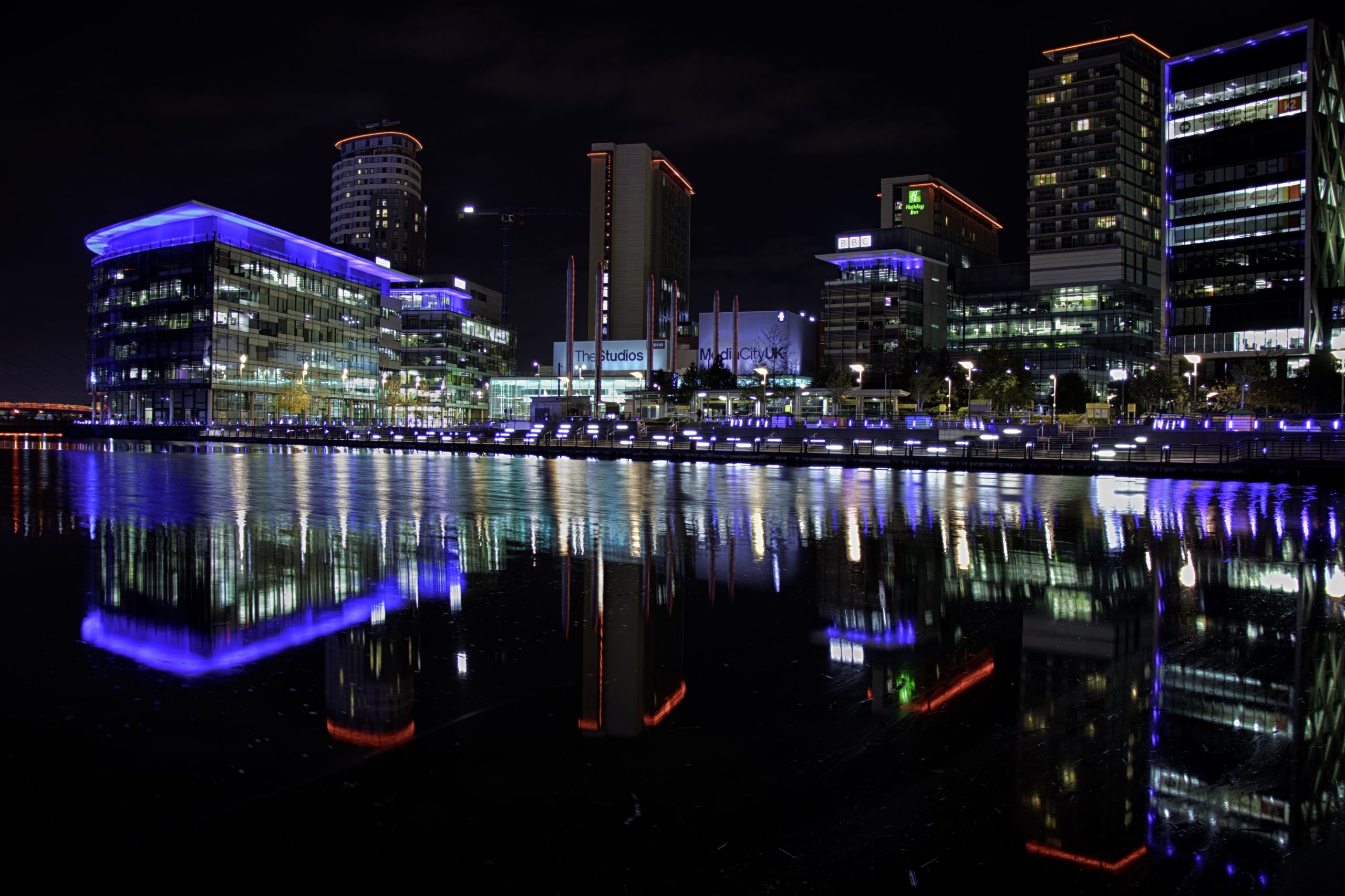 A night time shot of MediaCityUK