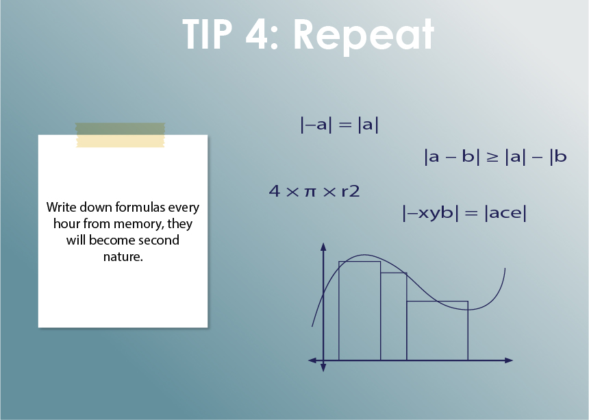 Write down ideas and formulas from memory every hour to make them stick.