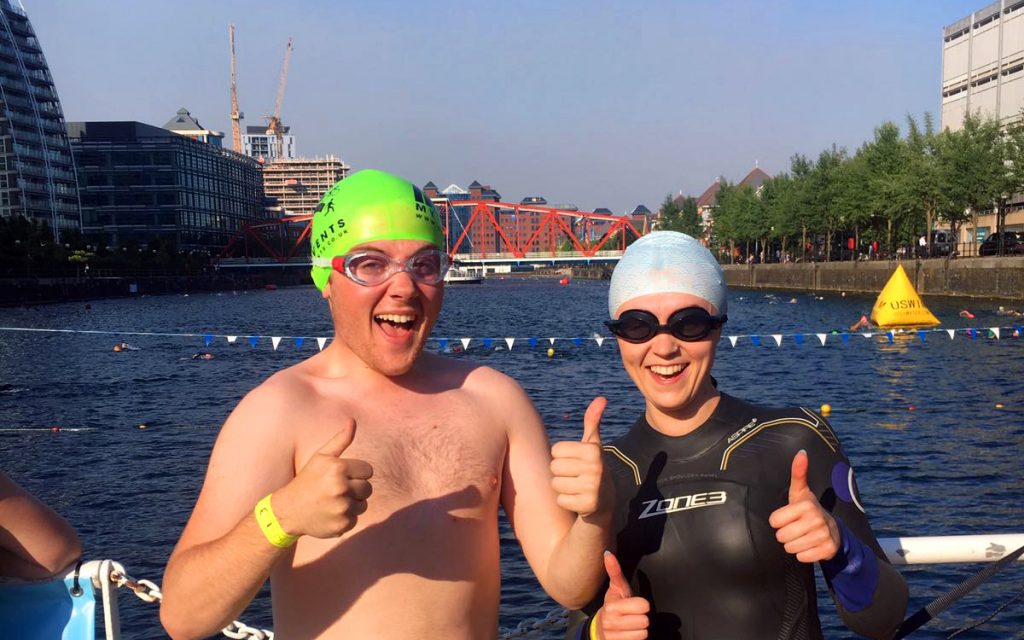 Image: Rhys and Seren in swimming caps