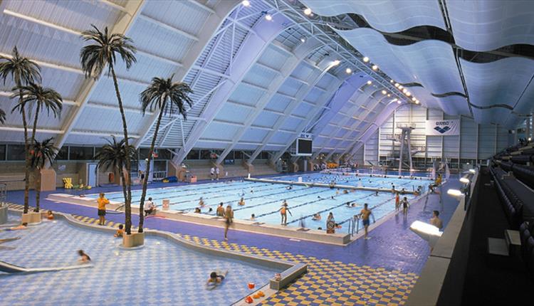 This shows a wide shot of the swimming pools located in the Manchester Aquatics Centre. There are plenty of people swimming and you can see that it has plenty of different lanes, fake palm trees and equipment.