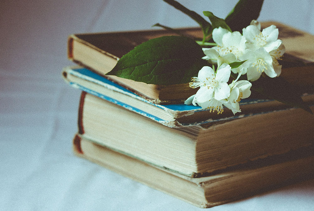 A traditional/worn-looking pile of books sat on a white material. On top of the books is a flower. 