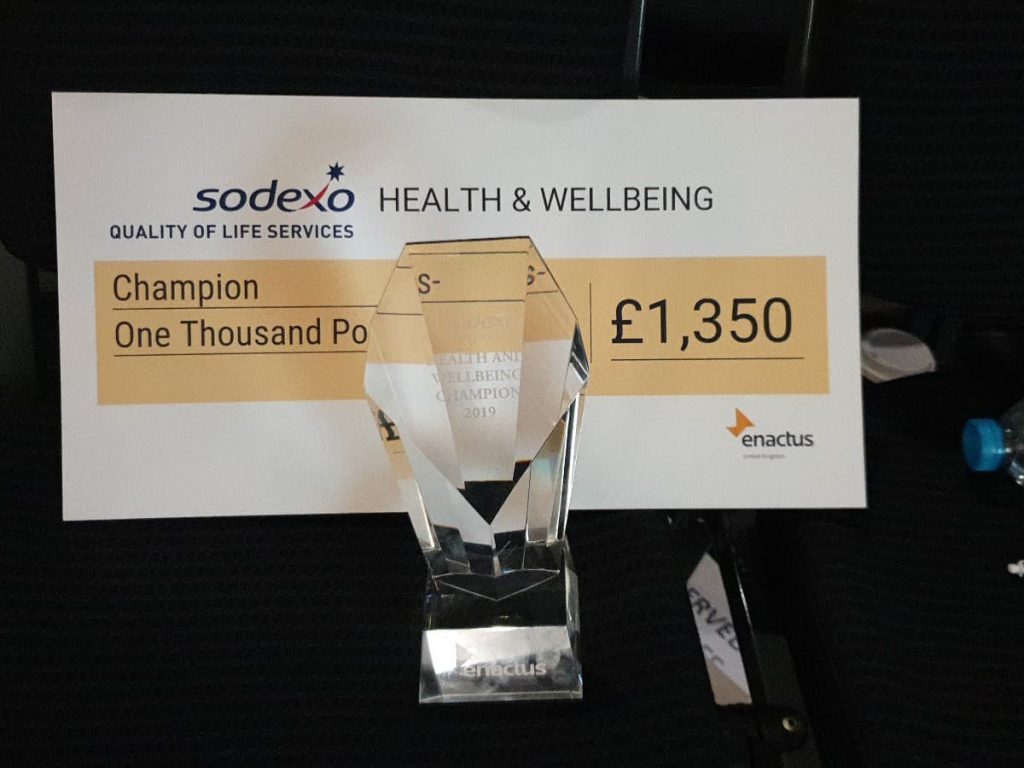 A certificate for the Sodexo Health and Wellbeing champion. With a cheque of £1,350 pounds. This certificate sits behind a transparent glass trophy.