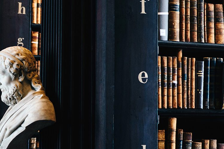 A dark black wood bookcase with tons of books and a ladder, in the distance you can see marble busts of different male figures