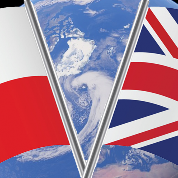 Photo of the Flag of Poland and UK infront of a globe image