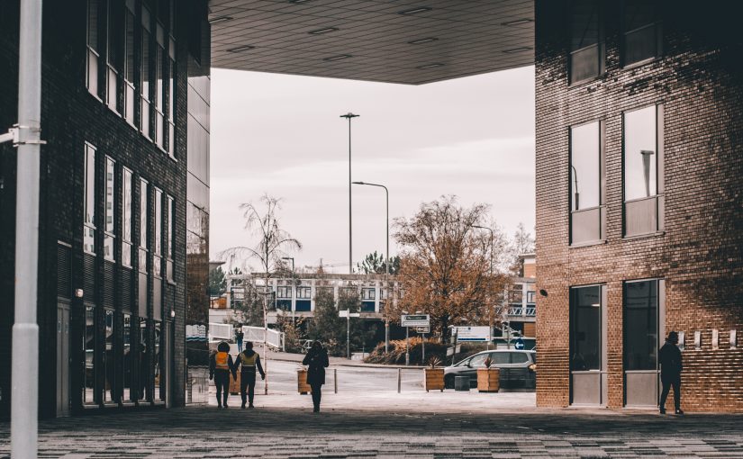 Photo of people walking into the main campus along the new Adelphi building