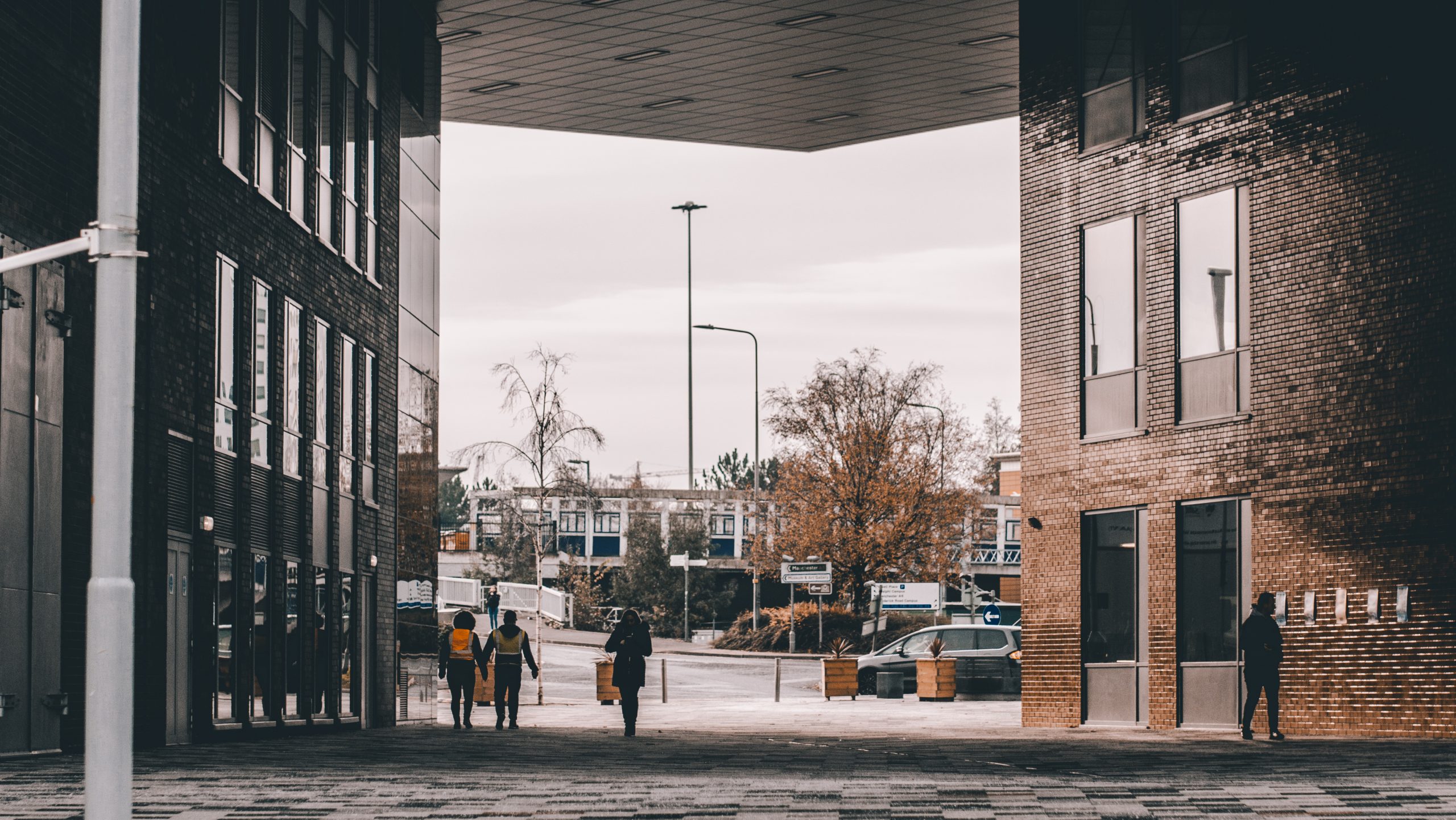 Photo of people walking into the main campus along the new Adelphi building