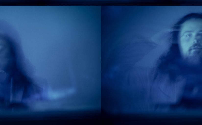 Jack Clarke's photography - on the right is a person screaming, on the left is a person looking - on a blue backdrop