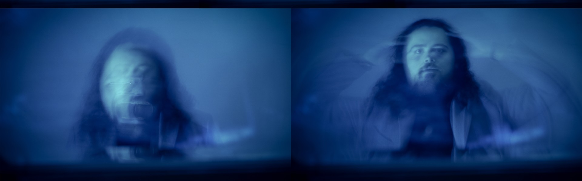 Jack Clarke's photography - on the right is a person screaming, on the left is a person looking - on a blue backdrop