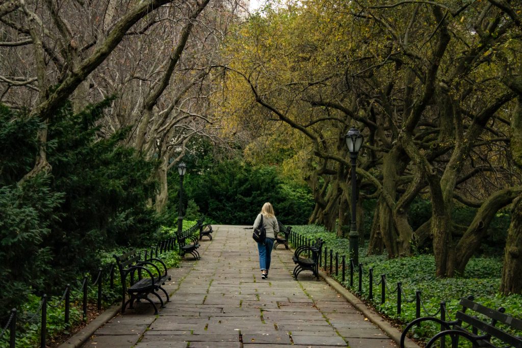 Student taking a walk in a park