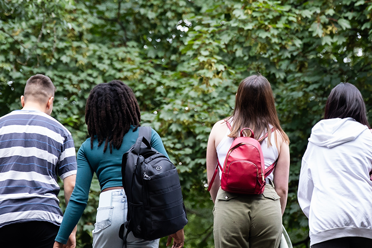 Photo of people walking together on the bridge with trees in the background.