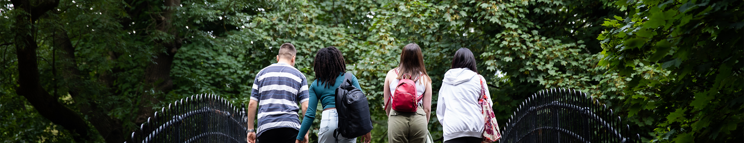 Photo of people walking together on the bridge with trees in the background.