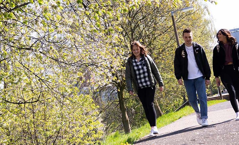 Students walking on Peel Park campus