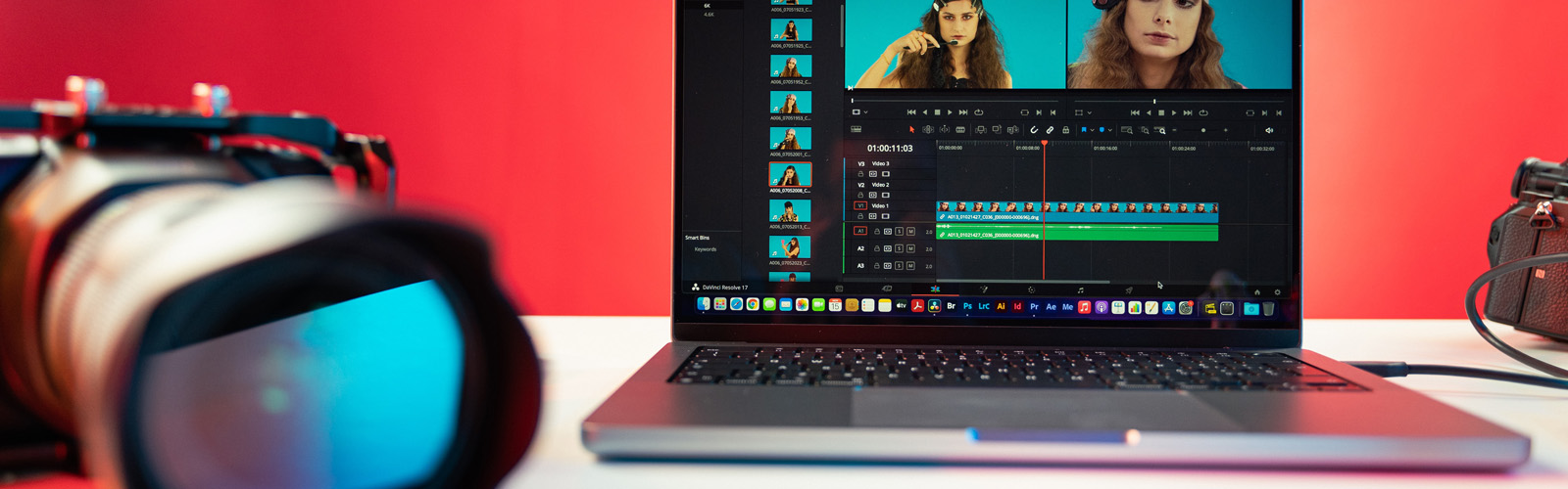 Photo of Davinci resolve open on the MacBook and camera connected through the USB cable