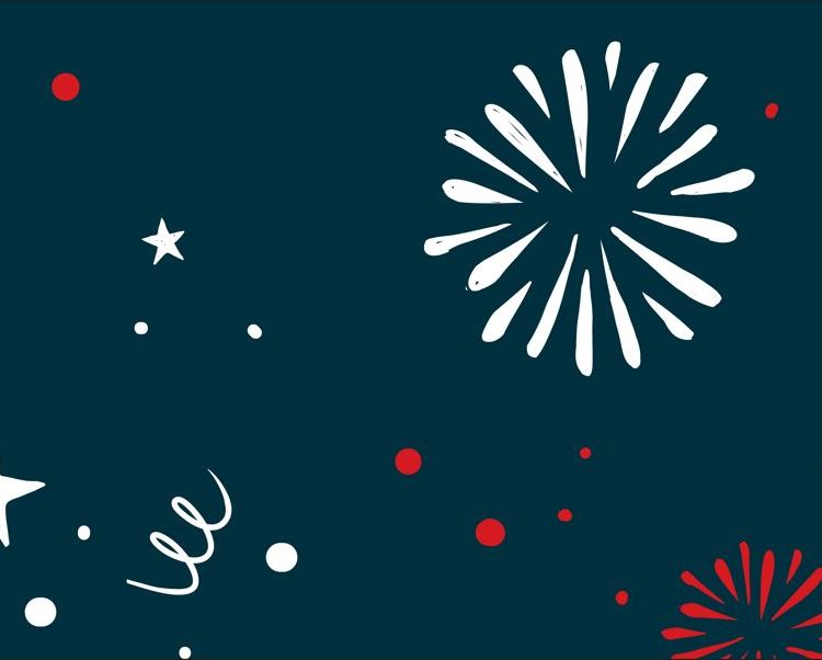 Red and white fireworks and stars over a navy background