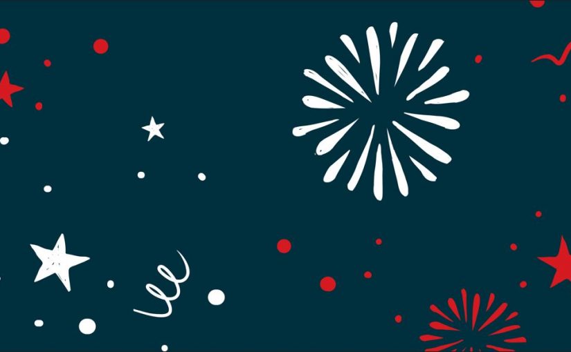 Red and white fireworks and stars over a navy background