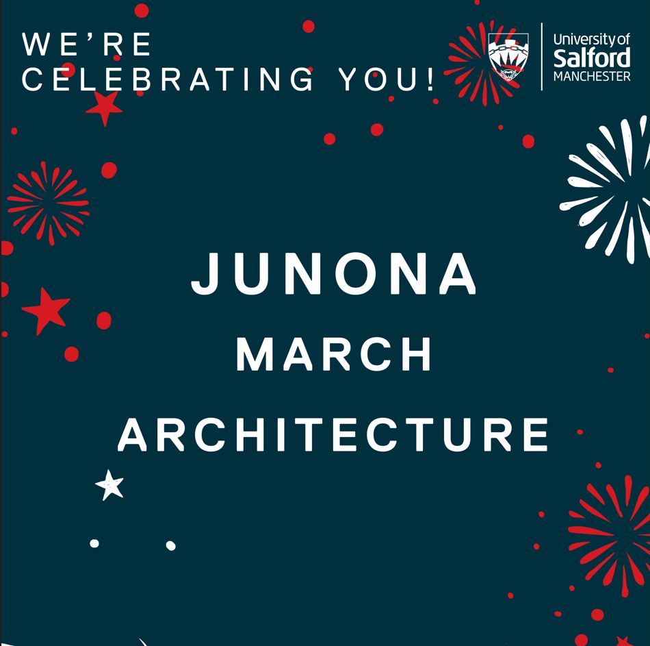 Text reads 'We're celebrating you! Junona MArch Architecture' over a background of fireworks and stars