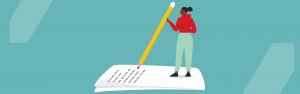 Illustration: a figure holding a human-sized pencil, writing a letter