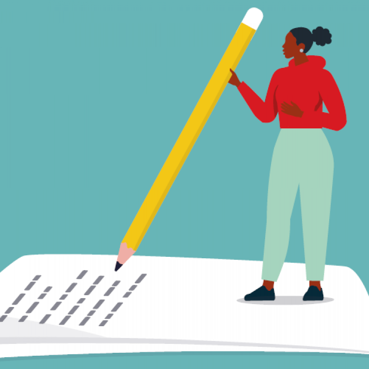 Illustration: a figure holding a human-sized pencil, writing a letter