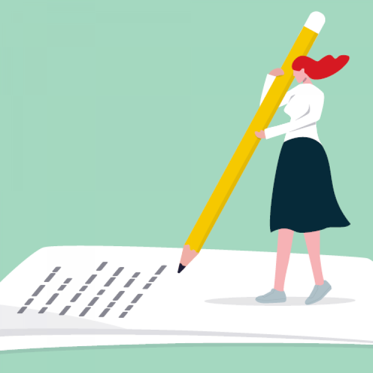 Illustration: a figure holding a human-sized pencil, writing a letter