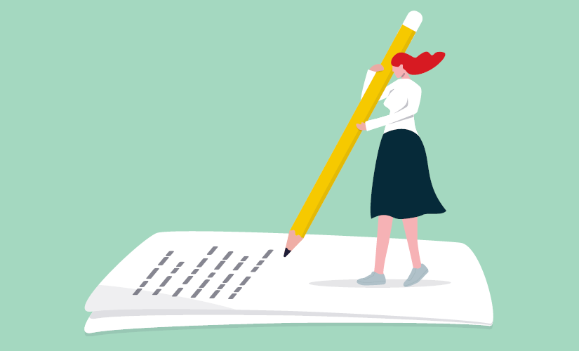 Illustration: a figure holding a human-sized pencil, writing a letter