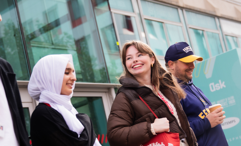 Four students leaving University House on Peel Park campus