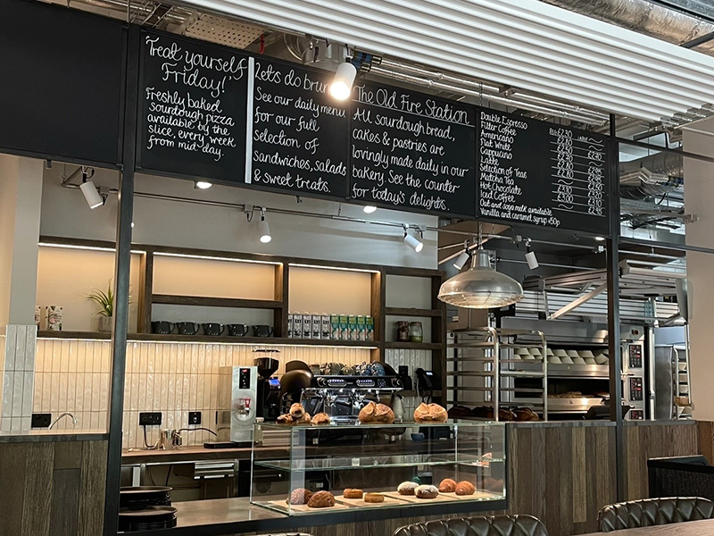 Freshly baked snacks and menu of drinks in the Old Fire Station.