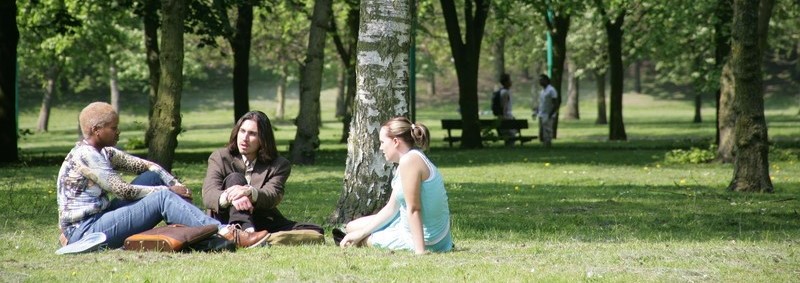 Students sat in Peel Park