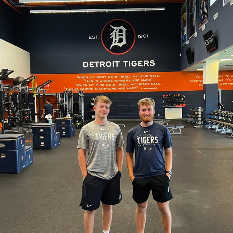 Sport Rehabilitation student Jack and fellow coursemate stood in the strength suite of Detroit Tigers