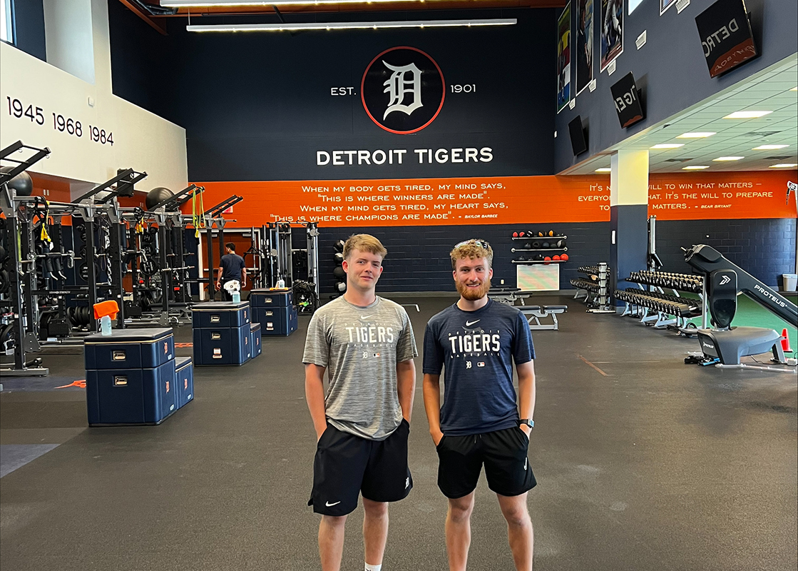 Sport Rehabilitation student Jack and fellow coursemate stood in the strength suite of Detroit Tigers